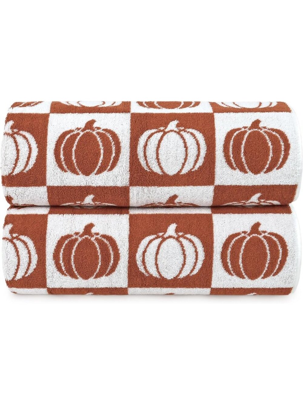 Cozy Fall Bath Towels Set of 2, Checkered & Pumpkin Design, Soft Cotton 27.5"x55